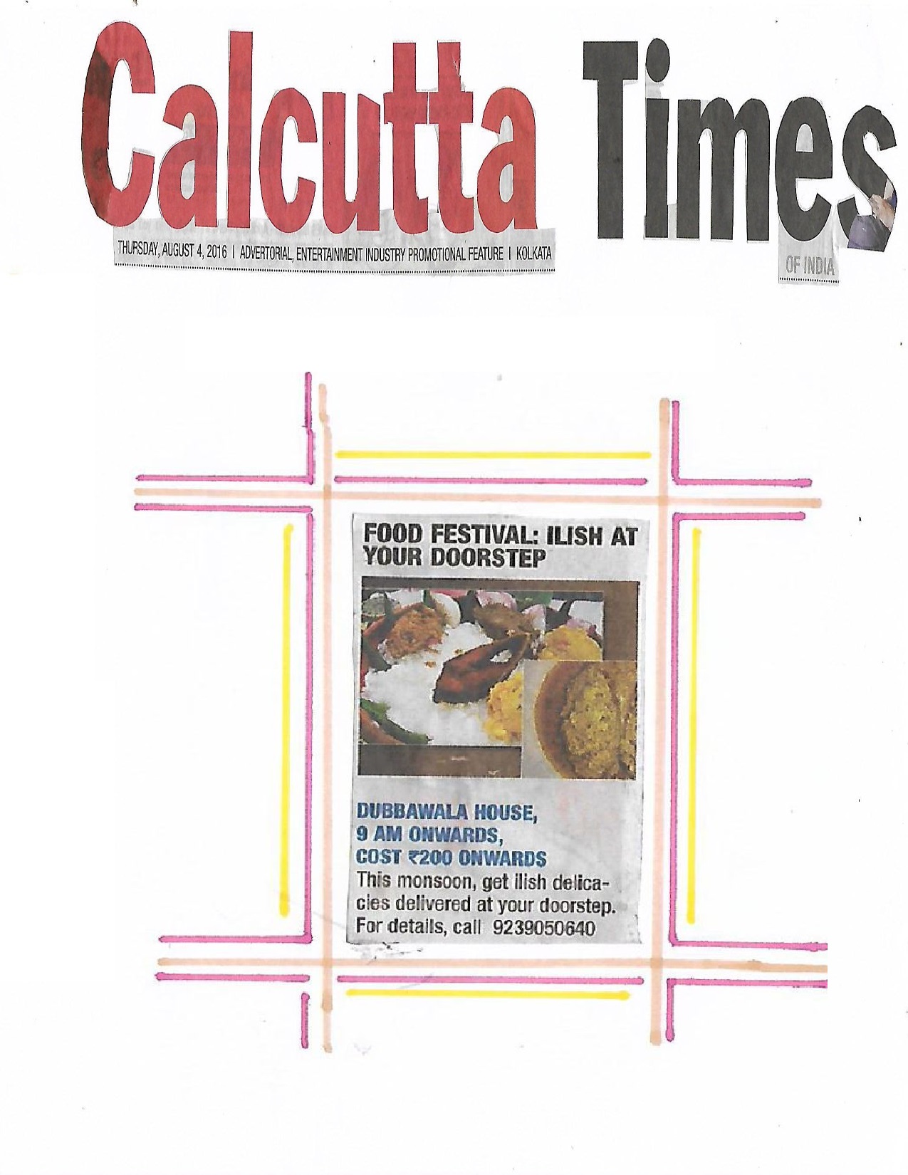 Calcutta Times Reported about Dubbawala under food festuval about Hilsa Utsab on 4/08/2016