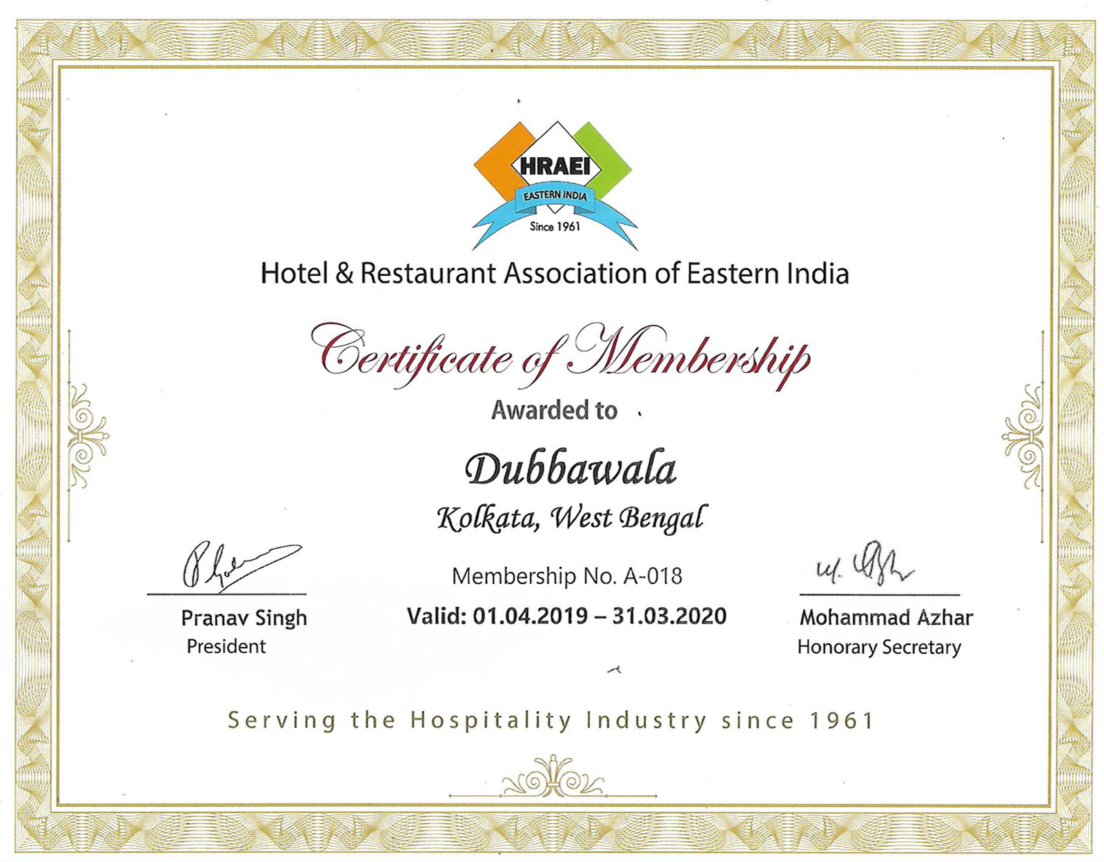 A Member Of Hotel & Restaurant Association Of Eastern India